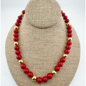 Vintage Red Gold Tone Bead Necklace Signed Napier Collar Glam Elegance Retro